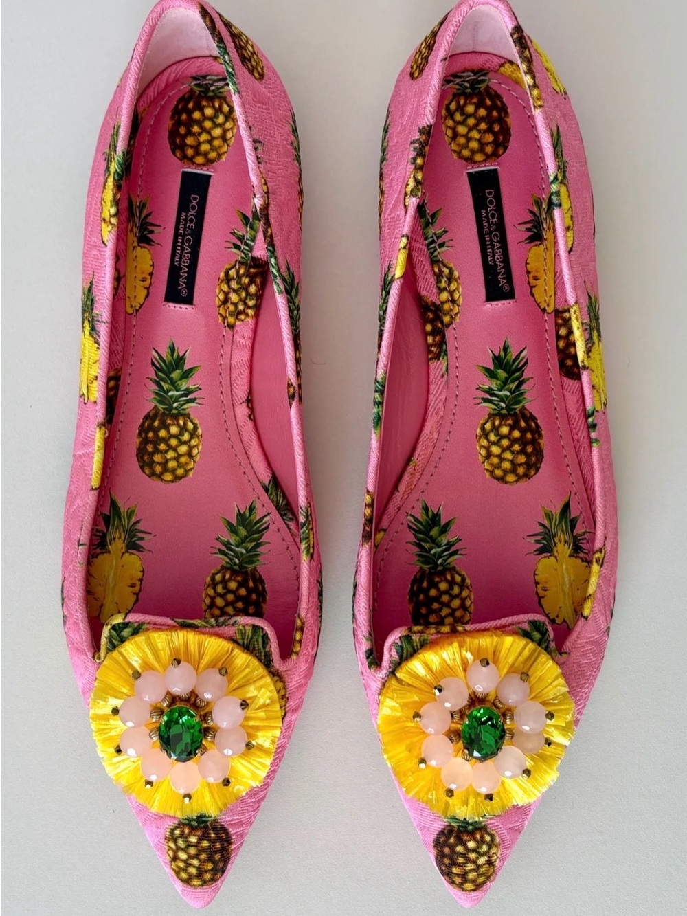 Dolce & Gabbana Pink Pineapple Jacquard Pointed Flats with Yellow Jewel Motif